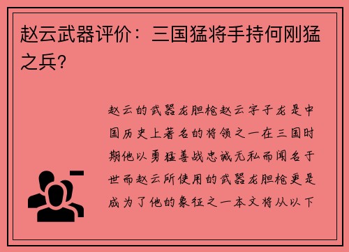 赵云武器评价：三国猛将手持何刚猛之兵？